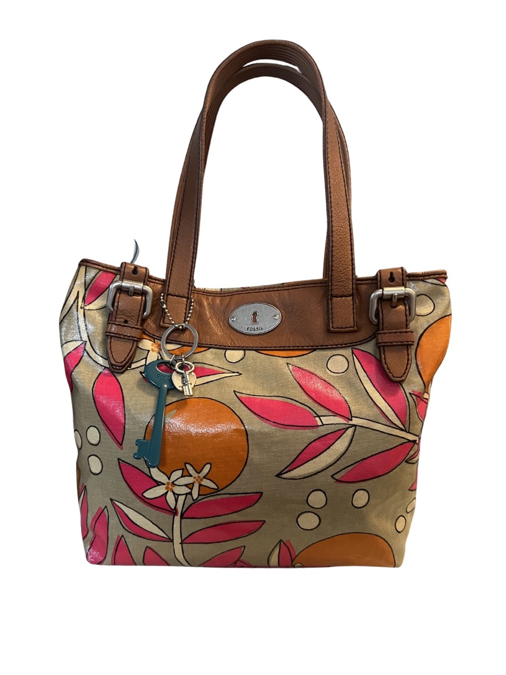 Fossil Key-Per Coated Canvas Orange & Floral Tote Bag